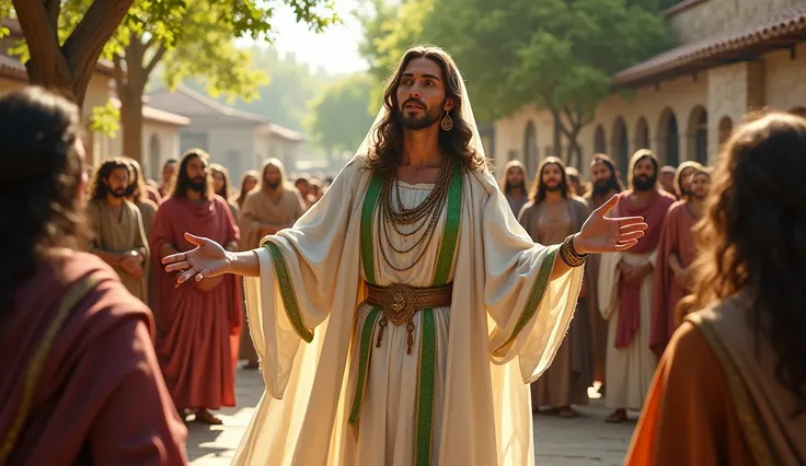 the samaritan woman speaking to the people of samaria dressed in white and green