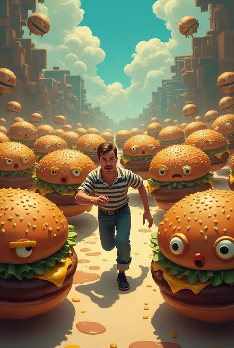 A crowd of burgers chasing a human