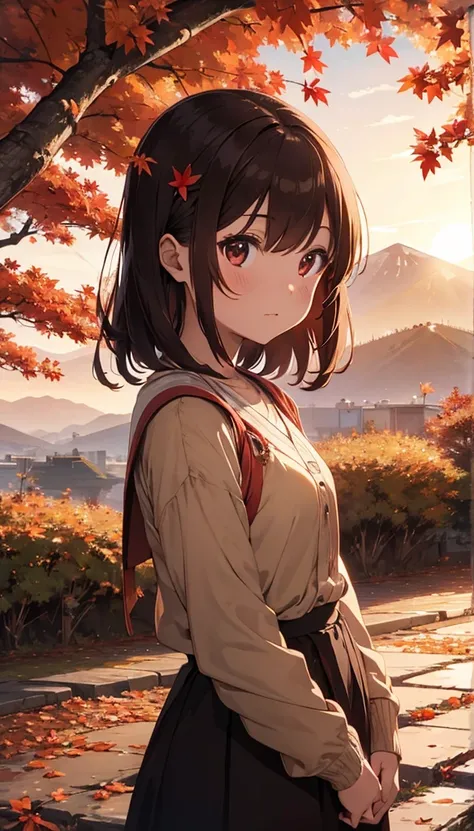 The ground is full of red leaves　Brown Hair、Autumn Dresses、Kind Face、Warm lighting　Japanese anime style　Shortcuts　There are many autumn leaves on the ground at dusk　The background is mountains and autumn leaves　Autumn leaves are falling