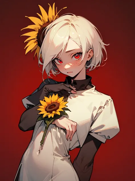 (masterpiece, best quality:1.6), solo, thick outline, (simple background, dark red background, monochrome, dark red theme:1.2), official art, key visual, 8k, absurdres, half body, (unique hair, white dress, sunflower, short torso:1.2), navel, thighs, cowbo...