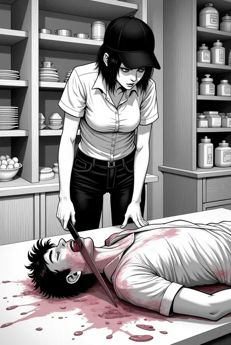 A black and white manga style female character wearing a bakery attendant uniform. Jeans, black cap, white shirt and shoes.
Thin weighing 52 kilos and 1,60 tall.
On a table she is slicing with a knife a human body of a man who screams in pain..
In the scen...