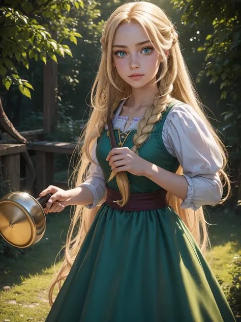 Rapunzel from tangled as human, straight face,close up 1girl, Solo, High Resolution, Long Hair, POV, Perspective, High Resolution, Detail, Award Winning, HD, Quality, Super Detailed, freckles, 1 , wearing dirndl purple gown similar to Rapunzel, green eyes,...