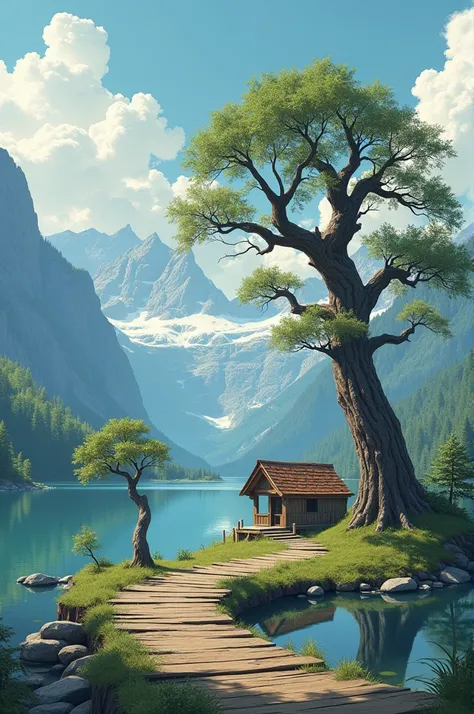 Create a picture in A6 format, which must contain a young tree and an old tree. a shore of a lake, a Step, which goes over the lake, but only to the hut. So it is not over the whole lake with a bank and the background should be mountainous, you should see ...