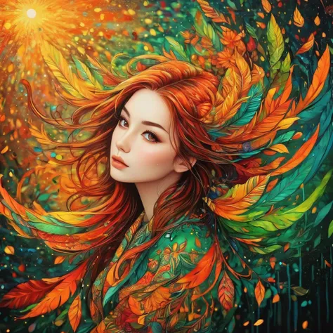 (highest quality,High resolution:1.2),Rain Spirit、Beautiful female spirit、Colorful background,Orange、red、green、Blurred,Zentangle Style,Fractal Style、black,Brown, Smash it, stand out, The most inspiring silhouette ever, Shine, Light explosion, Flying Bird, ...