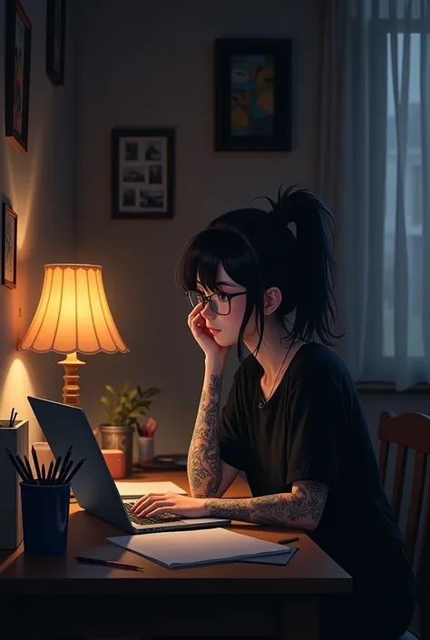 A young anime woman with dark hair and glasses, sitting at a desk with a laptop. She has tattoos on her arms and is wearing a black top. The room is dimly lit, with a lamp providing warm light. There are various objects on the desk, including a cup with a ...