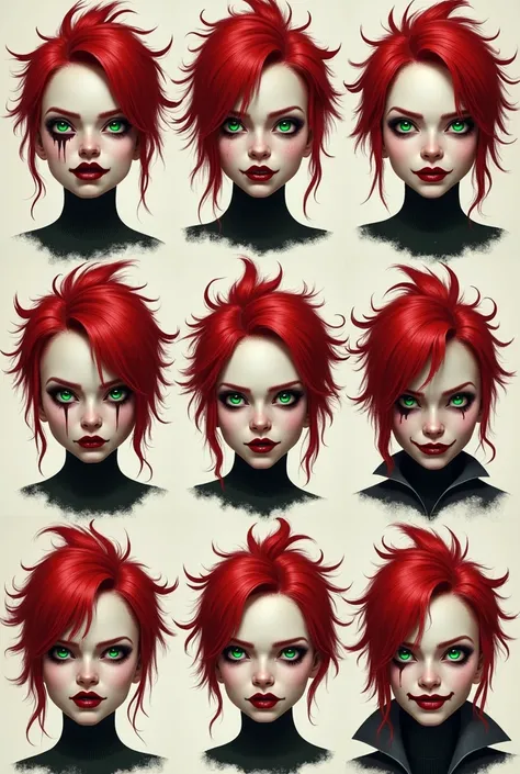 Create a series of emojis in the style of Marilyn Manson with different moods: cheerful, sad, angry, sad, crying, laughing, apathetic, calm, like, dislike. A red-haired girl with green eyes in the style of Marilyn Manson.