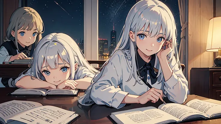 See notes,Delicate portrayal of the eyes.,a girl , studying ,night, writing,silver hair, so cute, beautiful time, relaxing,teaching her little sister,smile,
