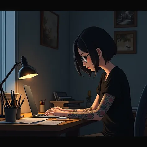 A young anime woman with dark hair and glasses, sitting at a desk with a laptop. She has tattoos on her arms and is wearing a black top. The room is dimly lit, with a lamp providing warm light. There are various objects on the desk, including a cup with a ...