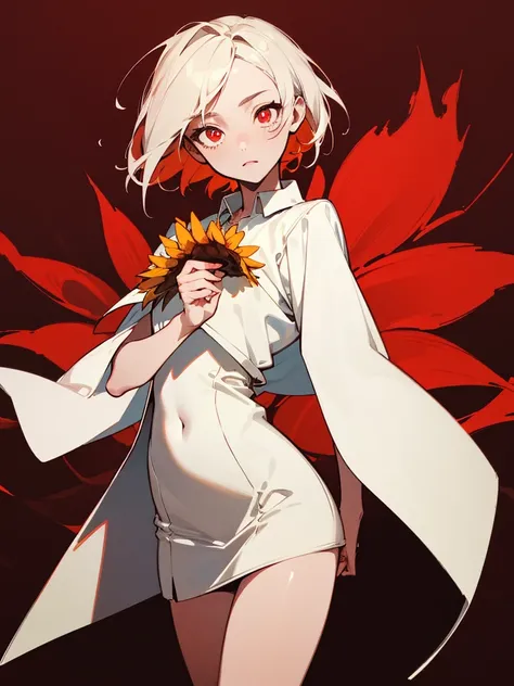 (masterpiece, best quality:1.6), solo, thick outline, (simple background, dark red background, monochrome, dark red theme:1.2), official art, key visual, 8k, absurdres, half body, (unique hair, white dress, sunflower, short torso:1.2), navel, thighs, cowbo...