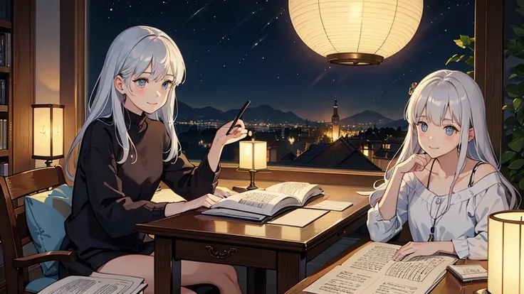 See notes,Delicate portrayal of the eyes.,a girl , studying ,night, writing,silver hair, so cute, beautiful time, relaxing,teaching her little sister,smile,
