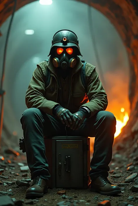 Fallout New Vegas, Man sitting on something, Pip-Boy, tunnel, safe, (Face masks:0.1), (Breathing tube:0.5), headphone, WWII German Helmet with Light , Burning Fire, whole body, Contaminated wasteland, It was foggy, Volumetric Lighting, Neon Light, Cinema H...