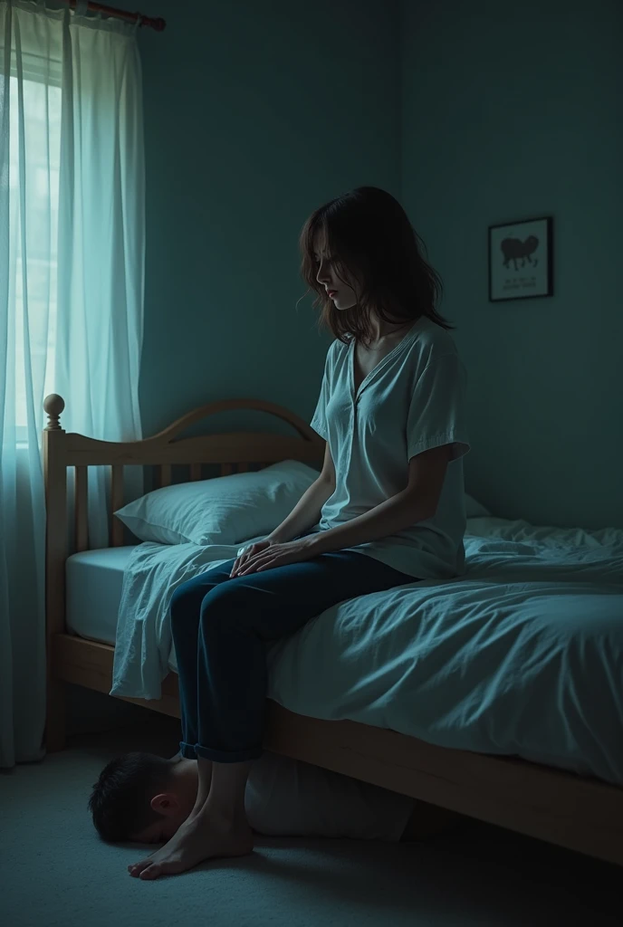 a woman sitting on the other side of the bed wearing a shirt and pants and on the other side is a man under the bed