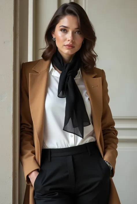 Image of an elegant woman, with white blouse, black pants, black scarf short camel coat