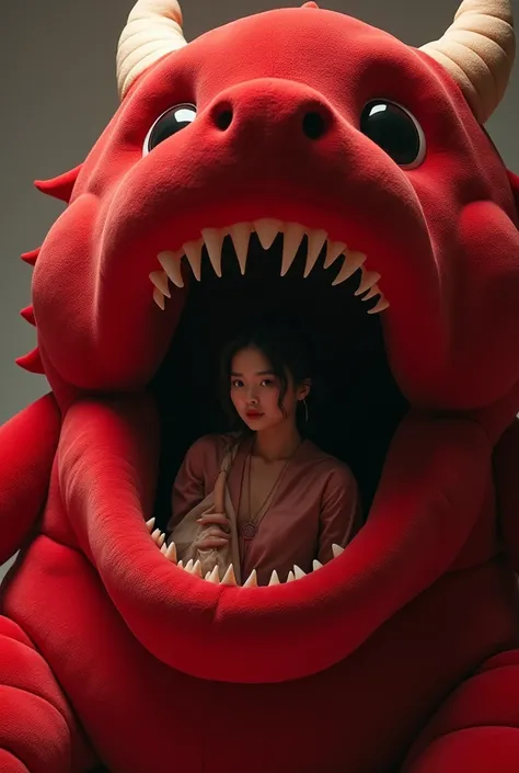 A beautiful asian women is pulled inside a red huge mysterious velvet dragon plushie. She is struggling to get out, the plushie is large taking most of the picture, she is wearing a satin kigurumi costume, she is inside the plushies mouth