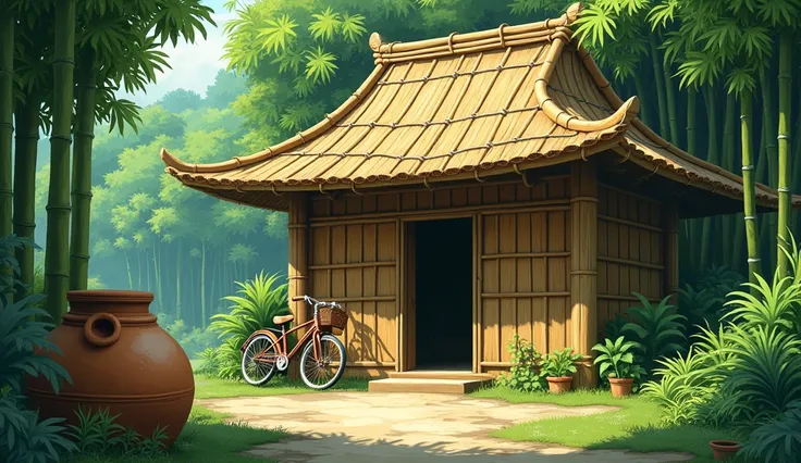 A bamboo house with many trees around. In front of the house there is a large terracotta jug. There is an old bicycle parked next to it.