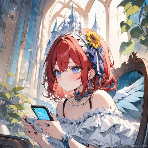 ,playing mobile game々）vtuber, cool beauty, sunflower shaped choker, (masterpiece, highest quality), official art, beautiful and aesthetic: 1.2), (1 girl), very detailed, (sunflower art: 1.3), silver red colorful, red bob hair、cat ear、 half body, angel wing...