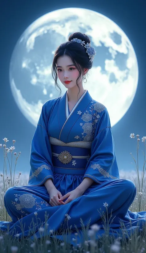 A Japanese woman in a kimono inspired by sapphire, the birthstone for September, sits cross-legged with a gentle smile on her face, with a full moon and grassland in the background.