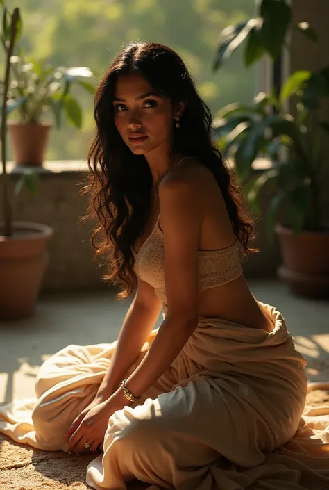 (photorealism:1.2), beautiful hot  Indian girl  having big boobs , sitting on a floor and work ,  , wearing a long suit  , patiala pant , long wavy hair,age 25, outdoor, deep  lighting, plants in background,open room ,  realistic, intricate details, warm c...