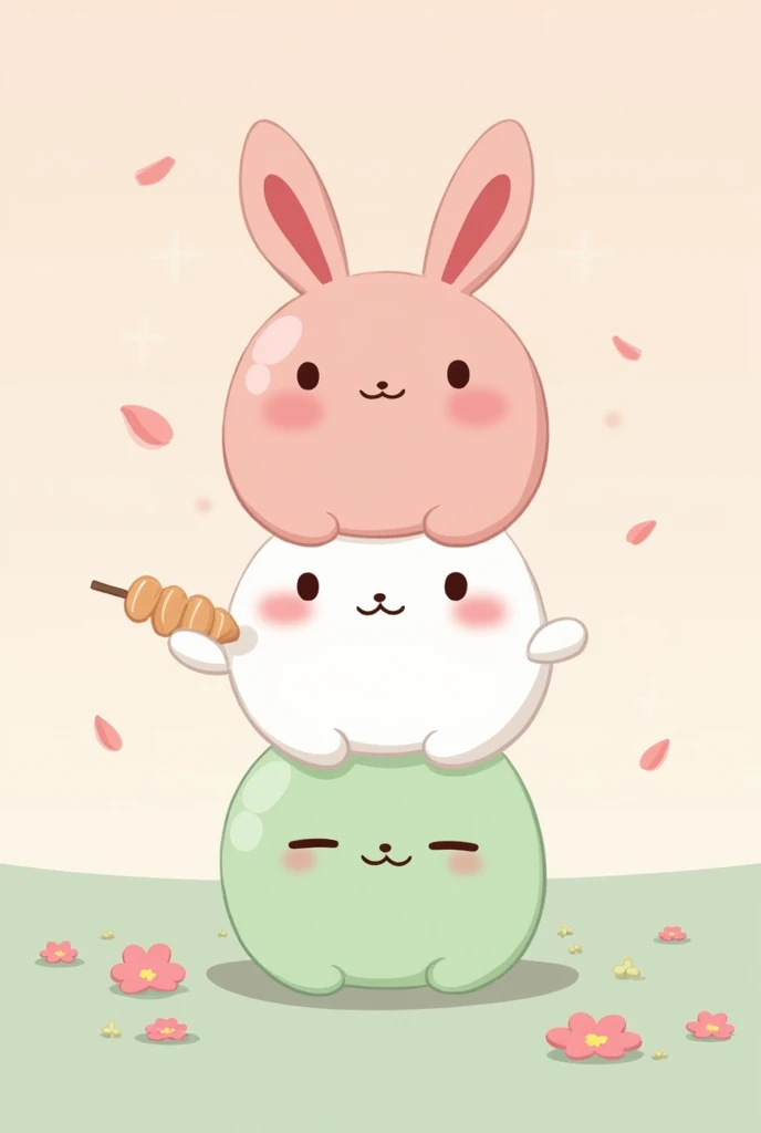 A trio of adorable bunnies stacked on top of each other, resembling small mochi balls. Each bunny is a different pastel color—pink, white, and light green—and they are smiling sweetly. The top bunny is holding a small skewer of dango (Japanese rice dumplin...