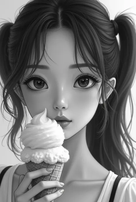 (Close-up of a better masterpiece:1.5) an asian woman with brown hair in two ponytails on the left and right, holding ice cream,black and white nuances