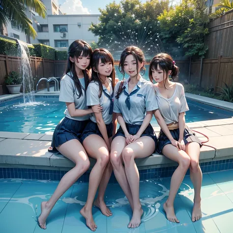 ((highest quality)), ((masterpiece:1.3)), (ultra high resolution, Realistic, Photorealistic:1.37, Beautiful detailed girls), (full body:1.3), Only womens, Only Cuties, Cyan blue color empty pool cleaning in progress, In a pool without water, Holding a hose...