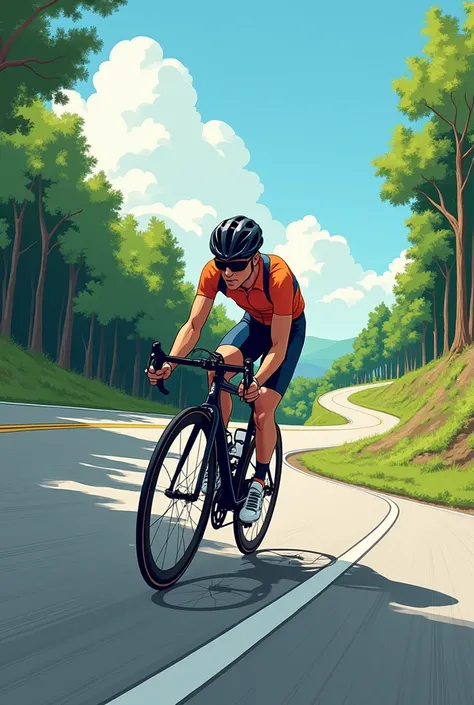 Realistic digital human drawing of comic strip of a bike going down a slope to demonstrate physics