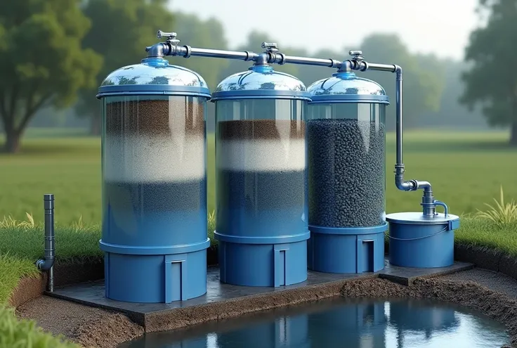 Create a design drawing of a well water filter using graphene oxide which consists of three water filter cores connected together and filtering water in order., Each tank has a water pipe that sucks water from the bottom of the tank to the top of the pipe....