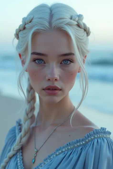 A beautiful small Slender pretty cute Targaryen Girl with long face and pale purple detailed eyes.Her hair is short and silver white with braids,Her pale purple eyes glimmering, freckles on face, sharp small nose with Sharp chin and jawline, Shes wearing a...