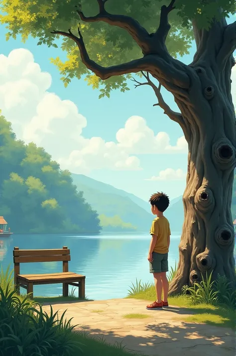 Paint me a picture, in A6 format with a central horizon line, which contains a boy and an old tree, a jetty and a bench and the shore of a lake