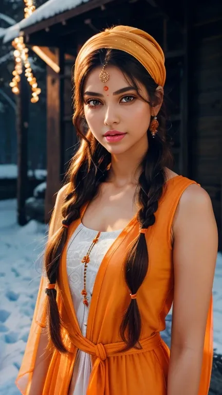 Beautiful girl, 25yo girl, beautiful orange kurti dress, covering her body with transparent chunari, (orange bindi on head), dur daytime, yamamura, calm and cool, Detailed body, ((white skin)), Detailed face, ((orange eye)), (glowing pupils), ((pink lips))...