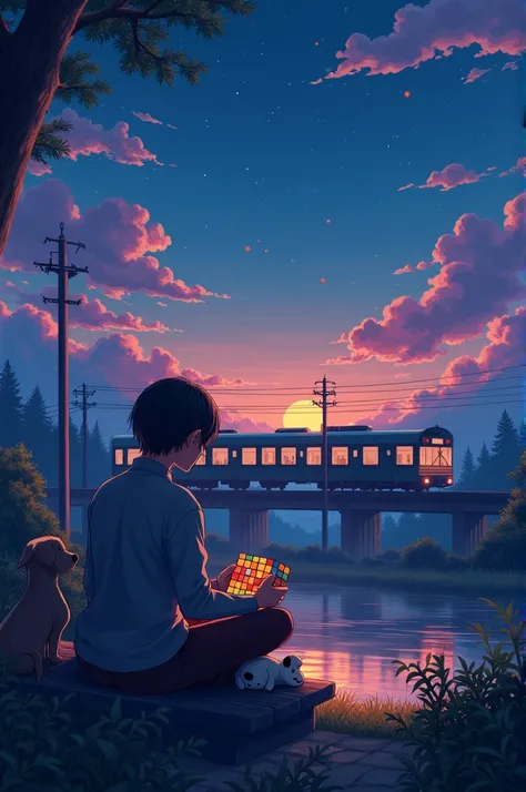 create a beautiful place, the night where a train passes by when a  assembles a Rubiks cube. Waiting for someone, the place full of colors, and a puppy sleeping next to you, that all this is in great quality, pixel and anime style mixed, an iconic art.