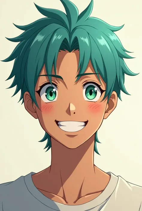 An anime man with turquoise neck-length hair, Your green eyes, brown-skinned and smiling 