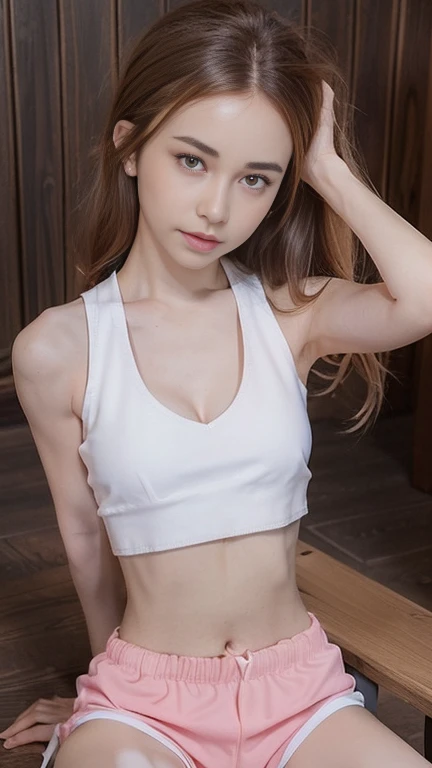 Generate an image of teen beautiful girl, ((small pink gym shorts)), ((white crop top, sleeveless,cleavage)), ((sexual expression)), sitting on a wooden chair, hands behind, hair tucked on ears, medium hair,messy hair, forehead, medium round breasts, knee ...