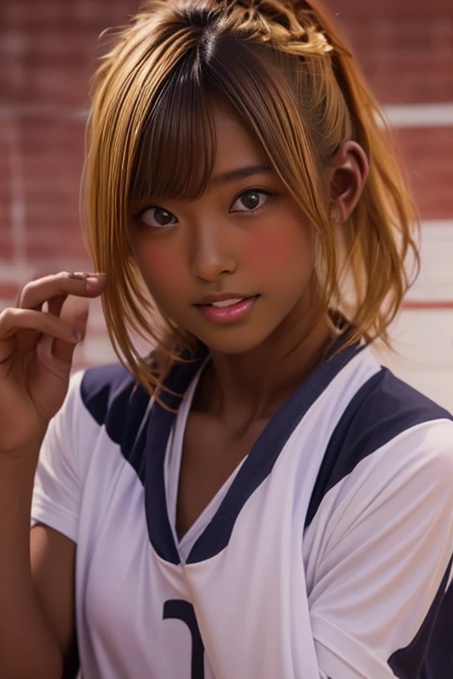 (((( one girl )))), Put your hand over your mouth、Beautiful breasts、 Brown eyes, ((Gal Hairstyles)) blonde, girl, (Eye and facial details:1.0), break, (masterpiece, Highest quality, Very detailed, Detailed face, 8k),( dark skin:2.05 ), (((( volleyball unif...