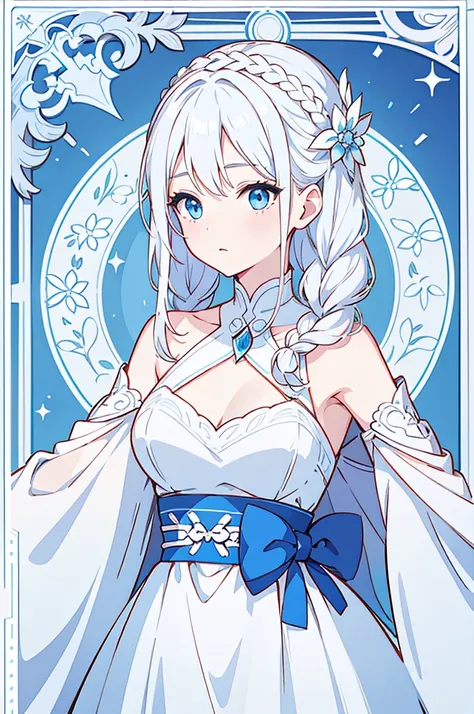 a woman with white hair and blue eyes、long and wavy hairstyle、braiding、hair accessories、elegant and ladylike、white and blue dres...