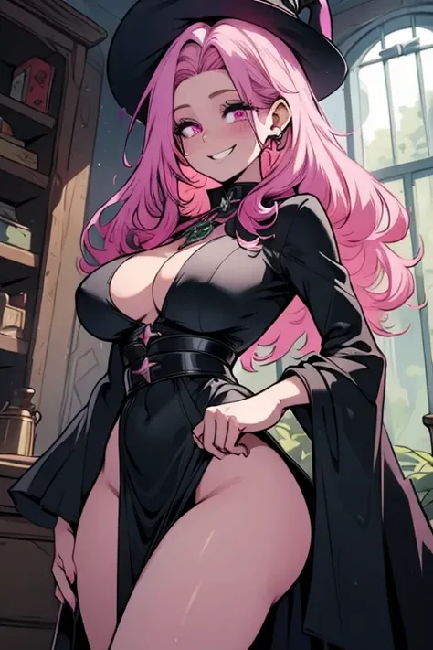 Perfect face. Perfect hands. A pink haired woman and violet eyes with an hourglass figure in a witchs costume is exploring a worn green house of a creepy haunted house with a big smile
