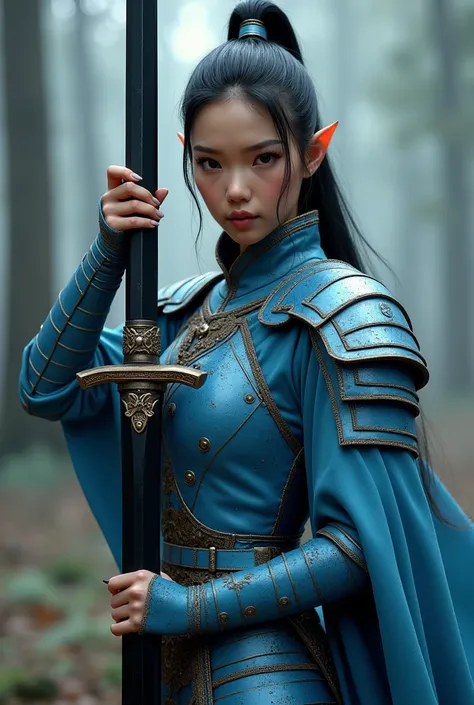 (photorealism:1.2), beautiful elf man, that looks like a Filipino, in a powder blue full body armor, with a black tied hair like a samurai, pointing a beautiful black sword