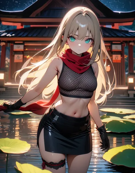 (8K, best quality, master piece: 1.2),ultra-high resolution,1 girl,solo,16yo,ninja costume,Sleeveless,fishnet Tank top,pencil skirt,navel,Black long gloves,Bridal garter,red scarf,holding a Ninja star,ultra-detailed face,detailed eyes,cyan eyes,mascara,str...