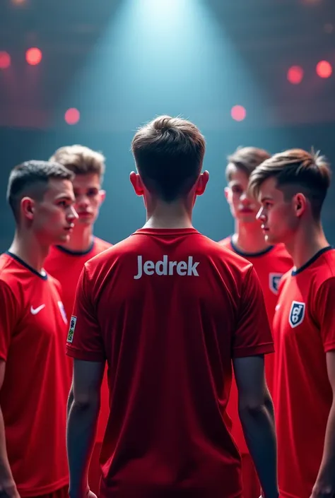 4 boys in a red esports jersey showin his backside named as JEDREK in center followed by ROOT,SCAR,JIRAYA in a spotlight