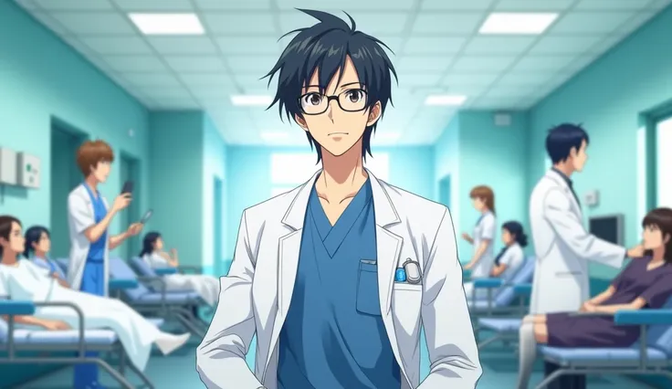 Please create an anime of a good looking doctor with medium long hair and ha e glasses in general ward of hospital 