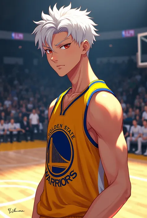 Create a male character image in anime style,white hair red eyes wearing golden state warrior jersey,with NBA court background,the guy must be handsome, rambut curtain