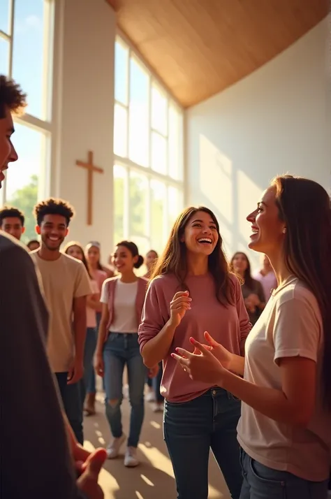 Happy young people in the modern church