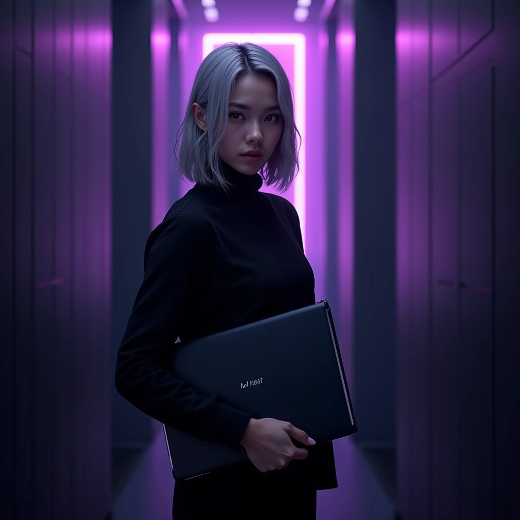 young woman, light gray long hair,  holds a closed laptop in one hand, stands straight, looks straight ahead, in cyberpunk style, realistically, photo, (detailed skin 1:2), minimalism, dim purple neon light, dark atmosphere, dressed in black clothes