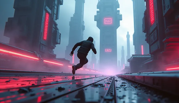 A wide shot of James sprinting through a dangerous virtual landscape. Massive mechanical obstacles and deadly traps line the path ahead. Bright neon lights and futuristic structures tower in the background as James swiftly dodges a swinging metal blade tha...