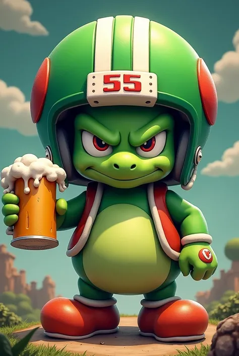 Create an image of a green mushroom from the Mario Bros game wearing a 55 American football helmet and holding a beer mug and looking mean.