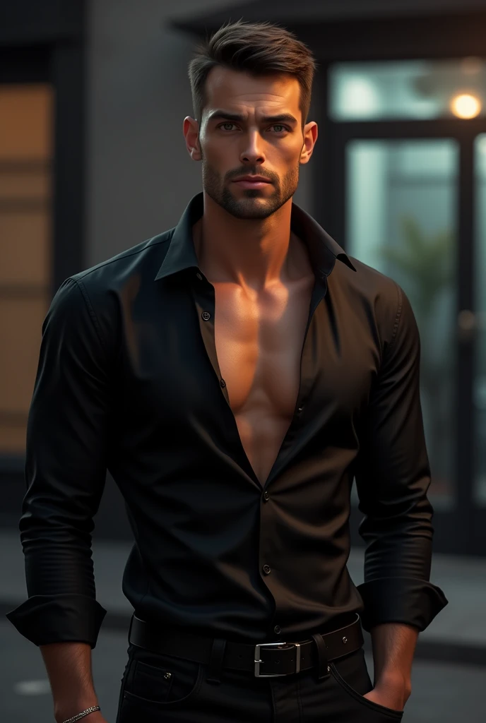 Handsome guy wearing black shirt with open buttons .