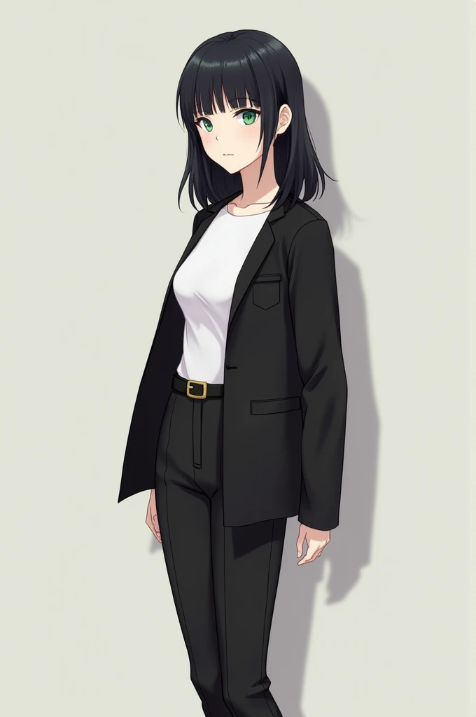 Female, Anime, 1, Medium black hair, Fair skin, Emerald eyes, Black hairpin, Black jacket, White undershirt, Black trousers, Black boots