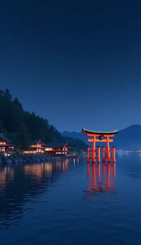 Itsukushima Shrine（Miyajima） - A World Heritage site where the torii gates and shrines floating in the sea create a fantastic atmosphere.。Please make a night version too
