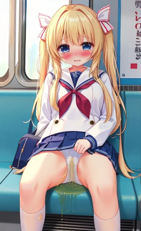 Beautiful long blonde　A girl in a sailor suit　Pleated skirt　mini skirt　Shyness　With tears in my eyes　On the train　Sit in the seat　whole body　Watched by the crowd　White panties　Blushed Cheeks　peeing　wetting self　desperation　