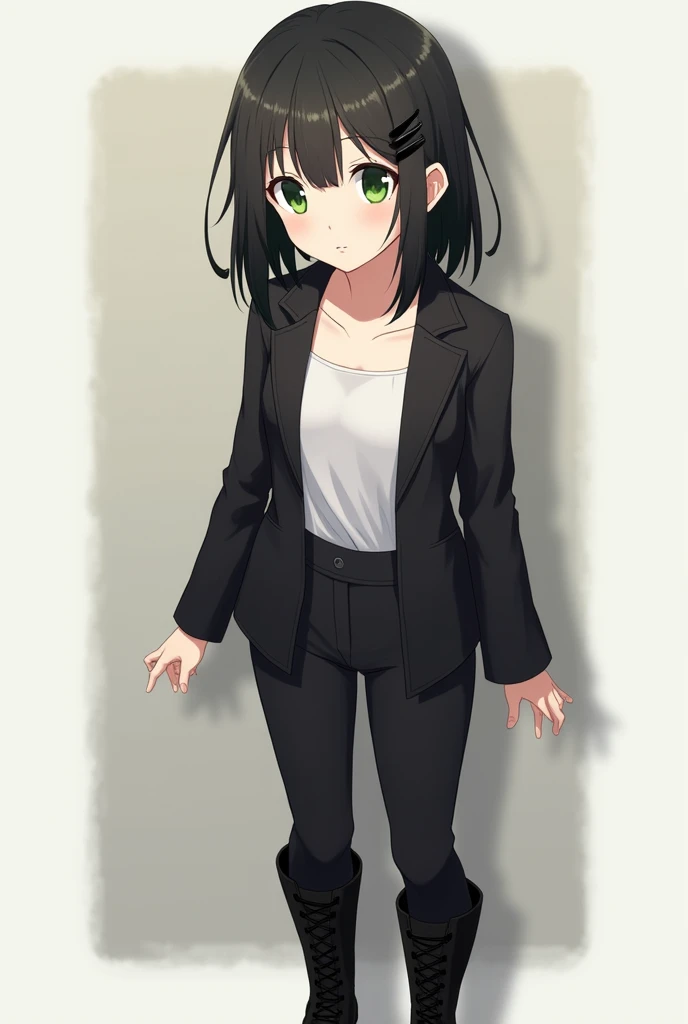 Female, Anime, 1, Medium black hair, Fair skin, Emerald eyes, Black hairpin, Black jacket, White undershirt, Black trousers, Black boots